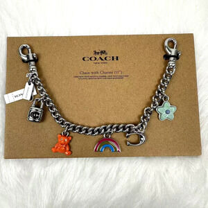 Coach Silver Swagger Chain With Charms Flower, Bear, C, Rainbow, Lock CW662 NWT